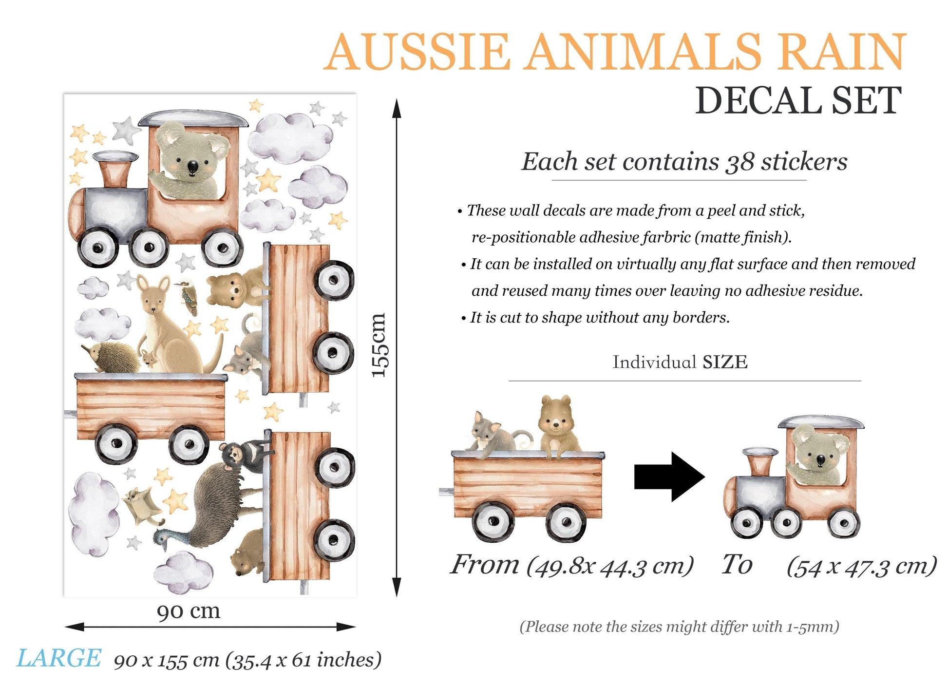 Australian Animal Train Wall Decals – Koala Kangaroo Emu Wombat Nursery Stickers | Fabric Removable Baby Room Decor