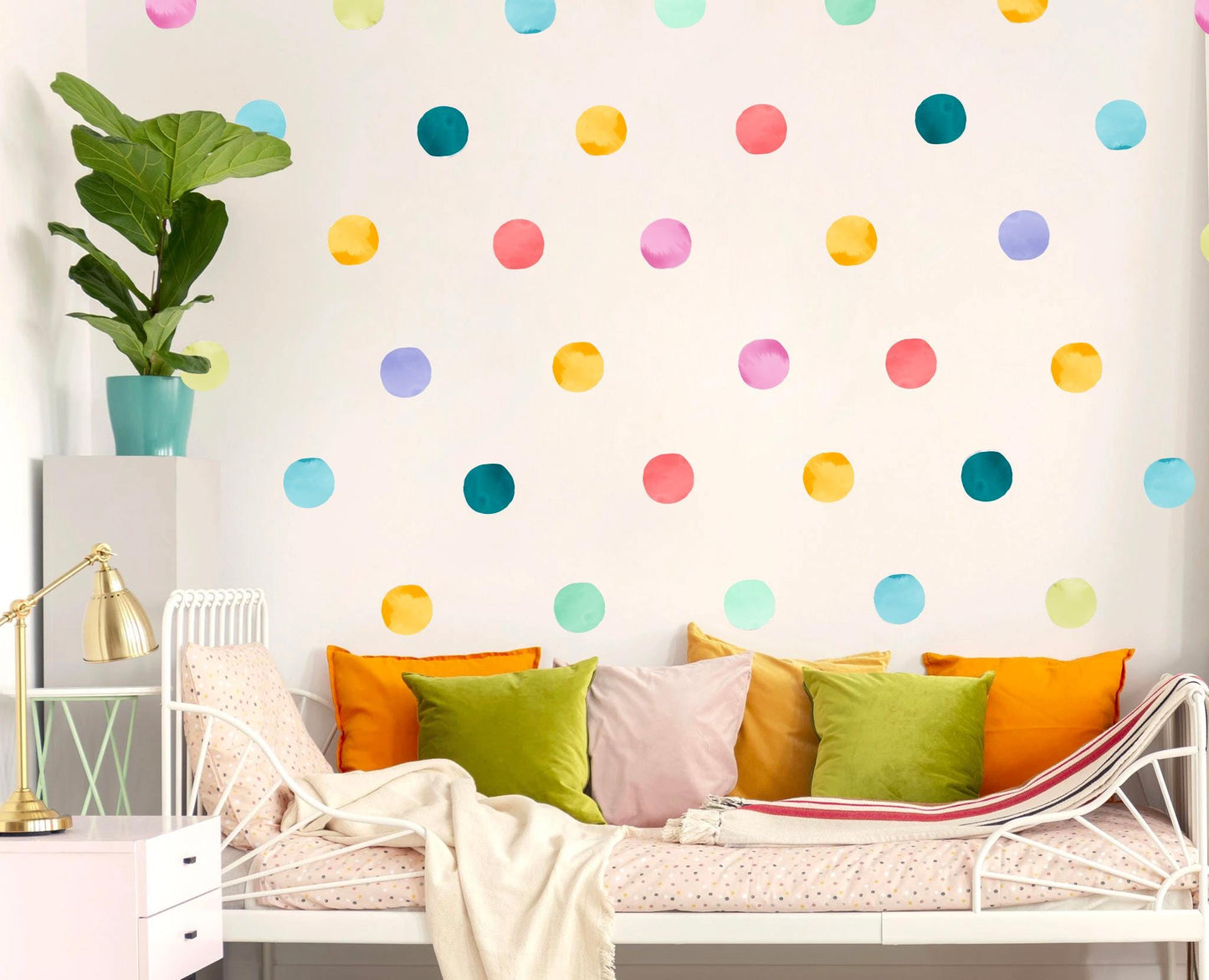 Watercolor Polka Dot Wall Decals – 24 PCS 8.3cm Dots, PVC-Free Fabric, Removable & Reusable, 18 Colour Options