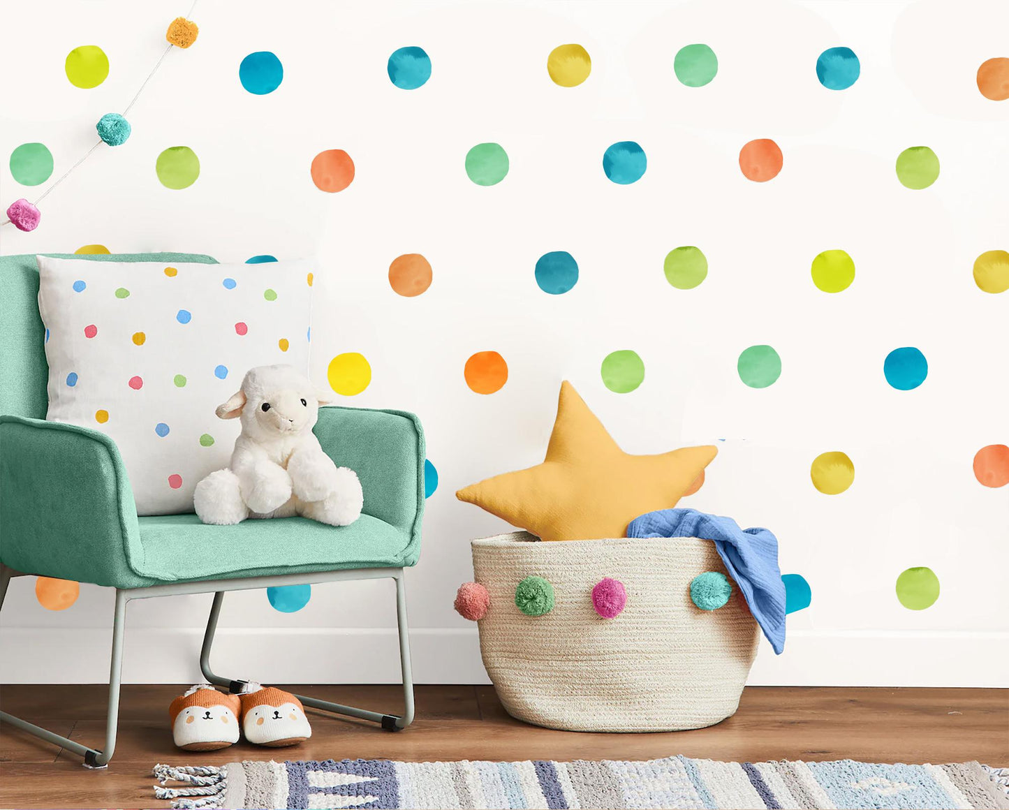 Watercolor Polka Dot Wall Decals – 24 PCS 8.3cm Dots, PVC-Free Fabric, Removable & Reusable, 18 Colour Options
