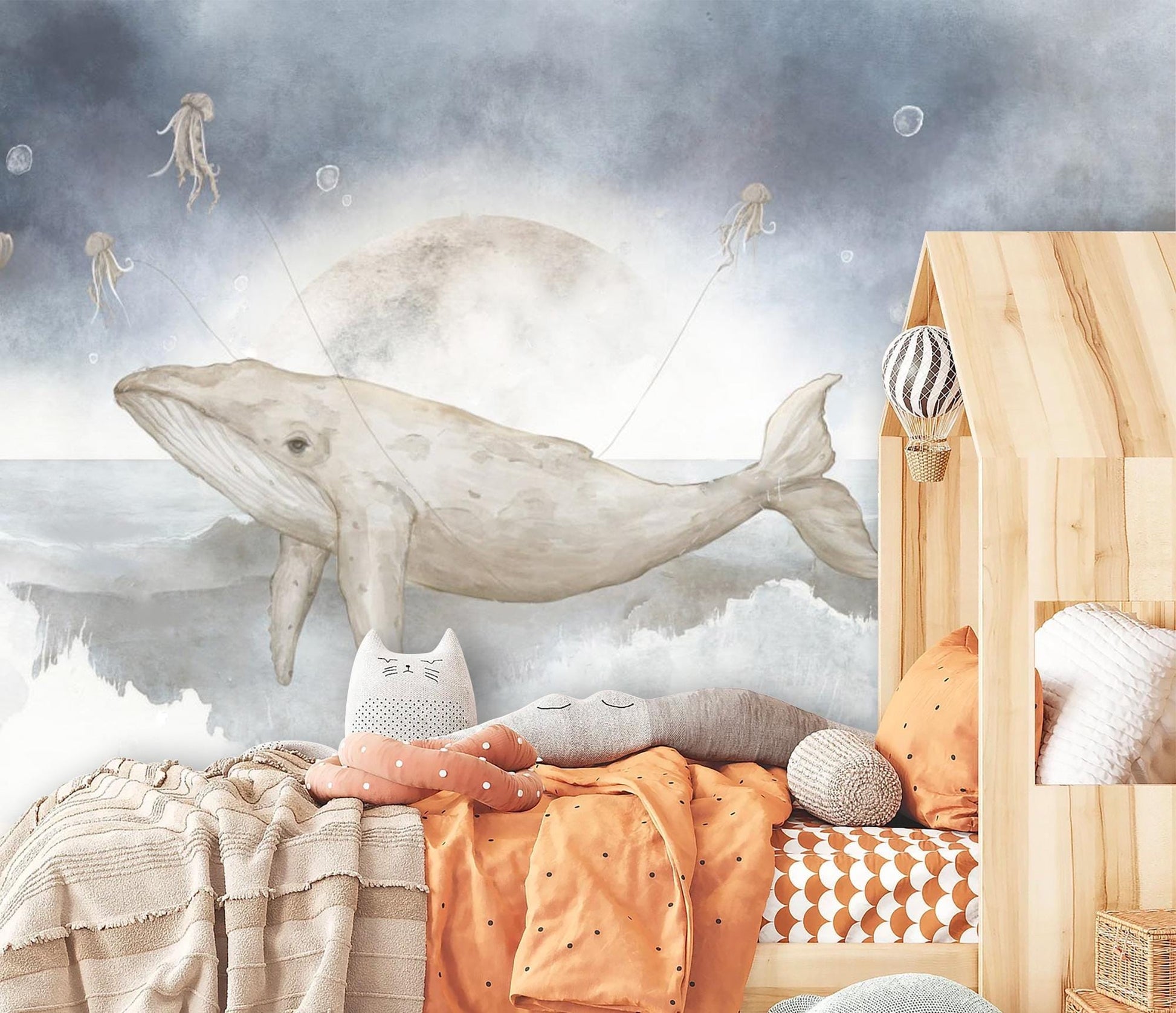 Sleeping Fairy on Whale – Watercolor Wall Mural for Nursery, Ocean Moon Theme