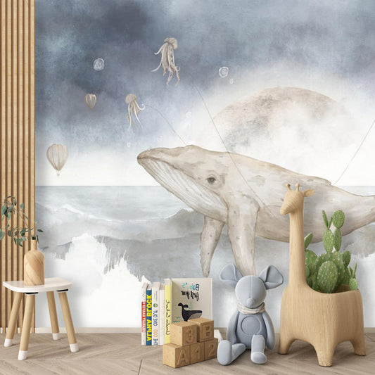 Sleeping Fairy on Whale – Watercolor Wall Mural for Nursery, Ocean Moon Theme