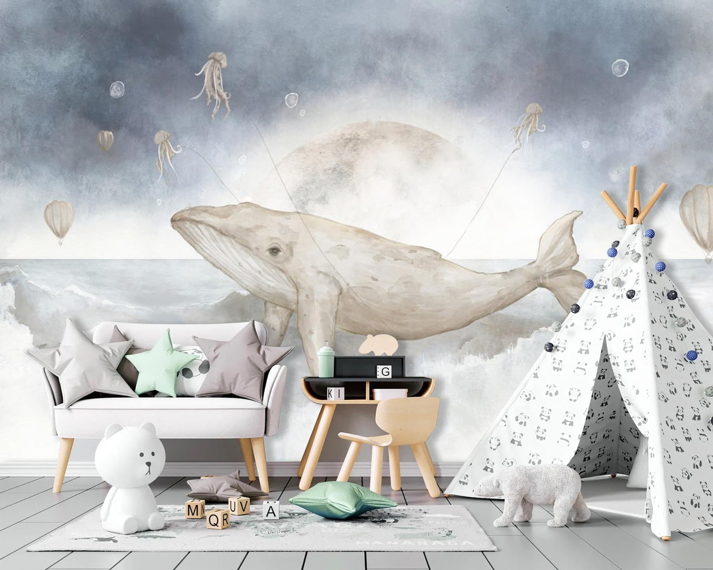 Sleeping Fairy on Whale – Watercolor Wall Mural for Nursery, Ocean Moon Theme