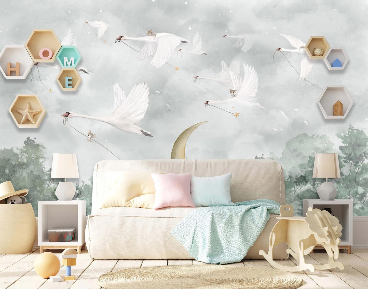 Flying Swan and Moon Nursery Wall Mural – Dreamy Peel & Stick Fabric Wallpaper for Baby Room, Custom Sizes Available