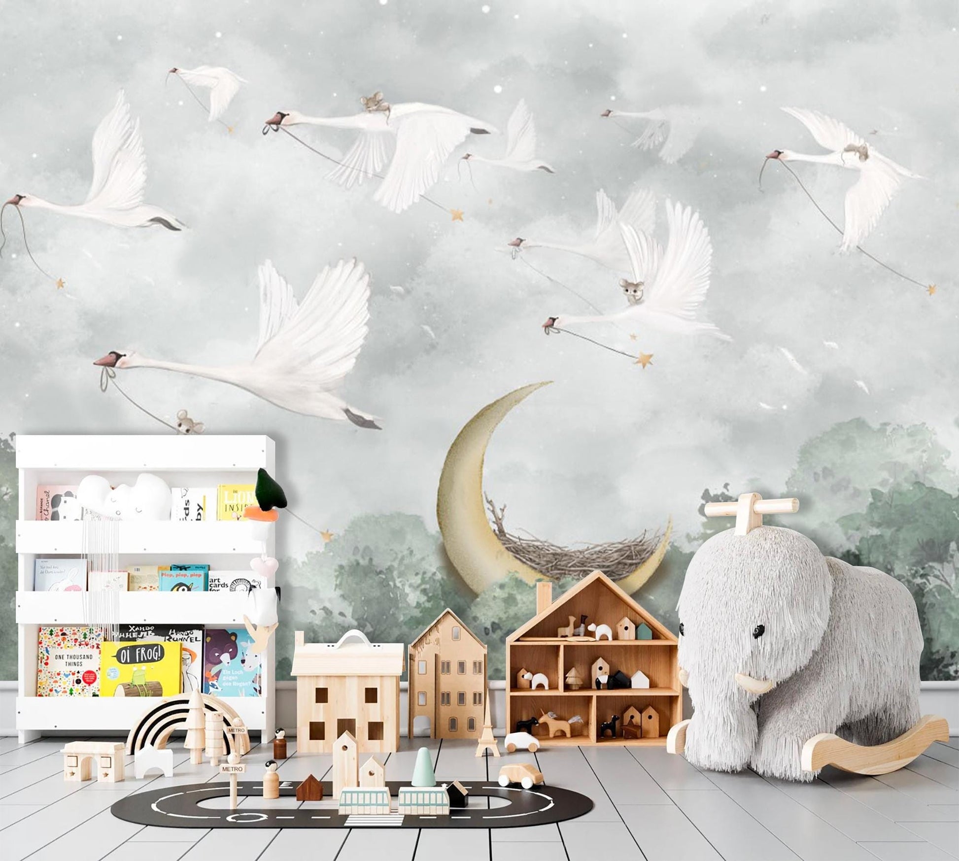 Flying Swan and Moon Nursery Wall Mural – Dreamy Peel & Stick Fabric Wallpaper for Baby Room, Custom Sizes Available