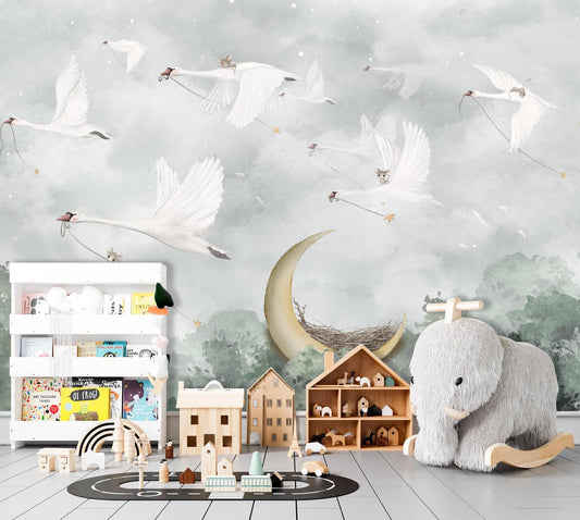 Flying Swan and Moon Nursery Wall Mural – Dreamy Peel & Stick Fabric Wallpaper for Baby Room, Custom Sizes Available