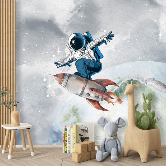 Rocket Astronaut Wall Mural – Space-Themed Peel & Stick Fabric Wallpaper for Kids Room, Nursery Galaxy Art, Custom Sizes