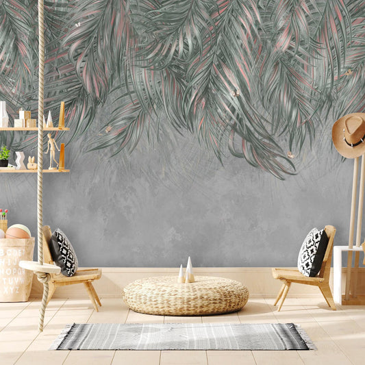 Tropical Leaf Wall Mural – Hanging Jungle Foliage Peel & Stick Wallpaper, Kids Room or Modern Playroom Decor, Custom Size Available