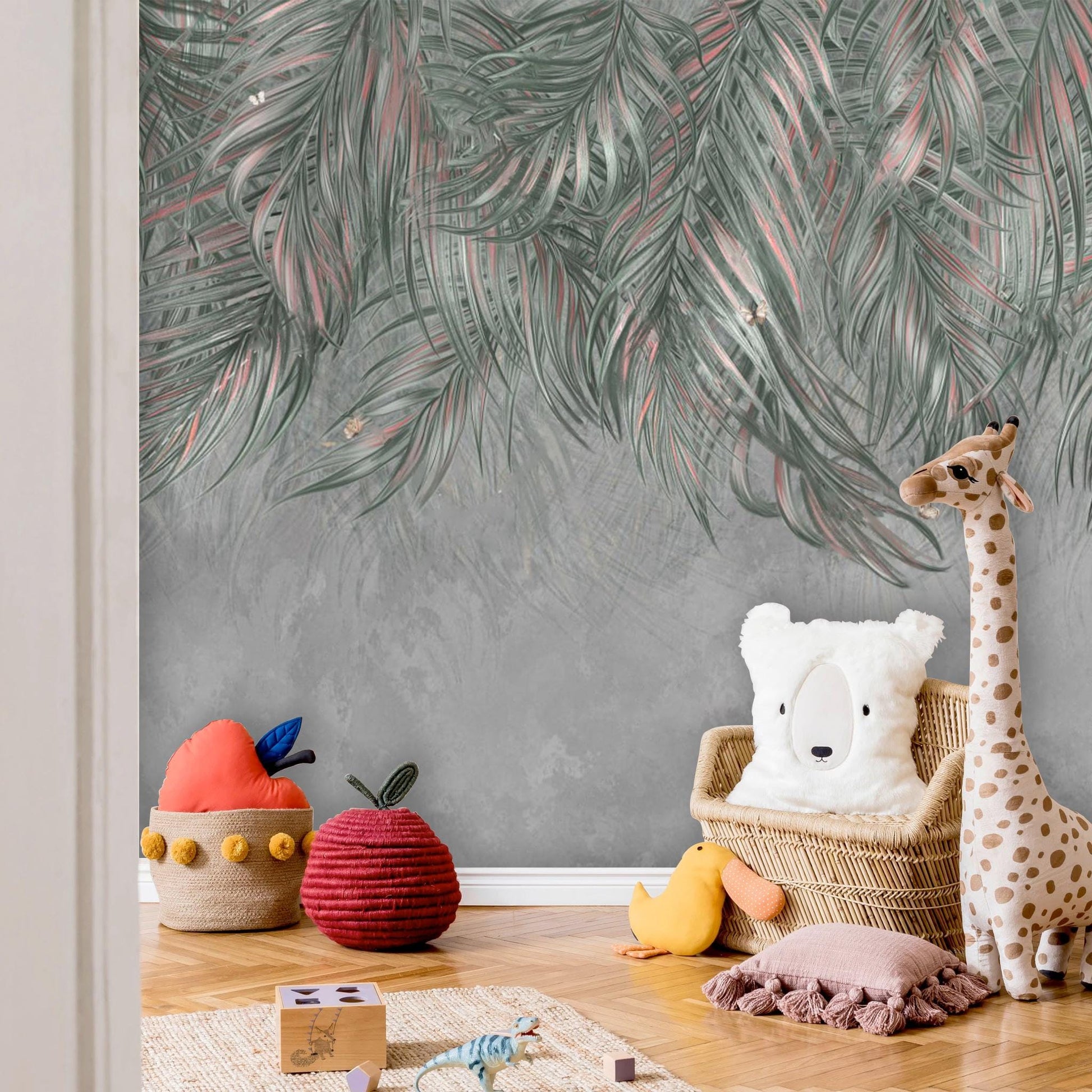 Tropical Leaf Wall Mural – Hanging Jungle Foliage Peel & Stick Wallpaper, Kids Room or Modern Playroom Decor, Custom Size Available