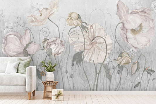 Vintage Floral Wall Mural – Watercolor Poppies and Grass Peel and Stick Wallpaper, Baby Nursery Soft Neutral Decor, Custom Sizes