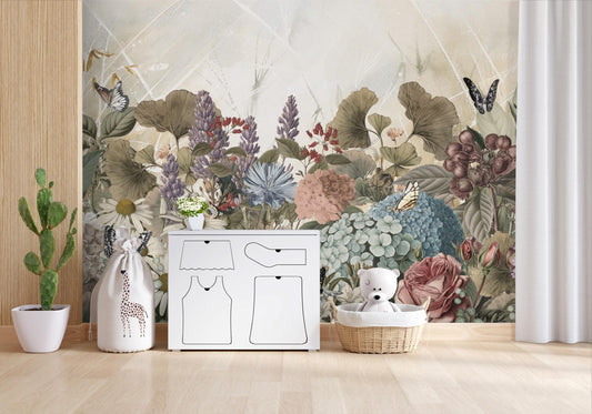 Vintage Floral Garden Wall Mural – Bold Pink Peony Butterfly Peel & Stick Wallpaper, Nursery or Lounge Accent, Custom Sizes