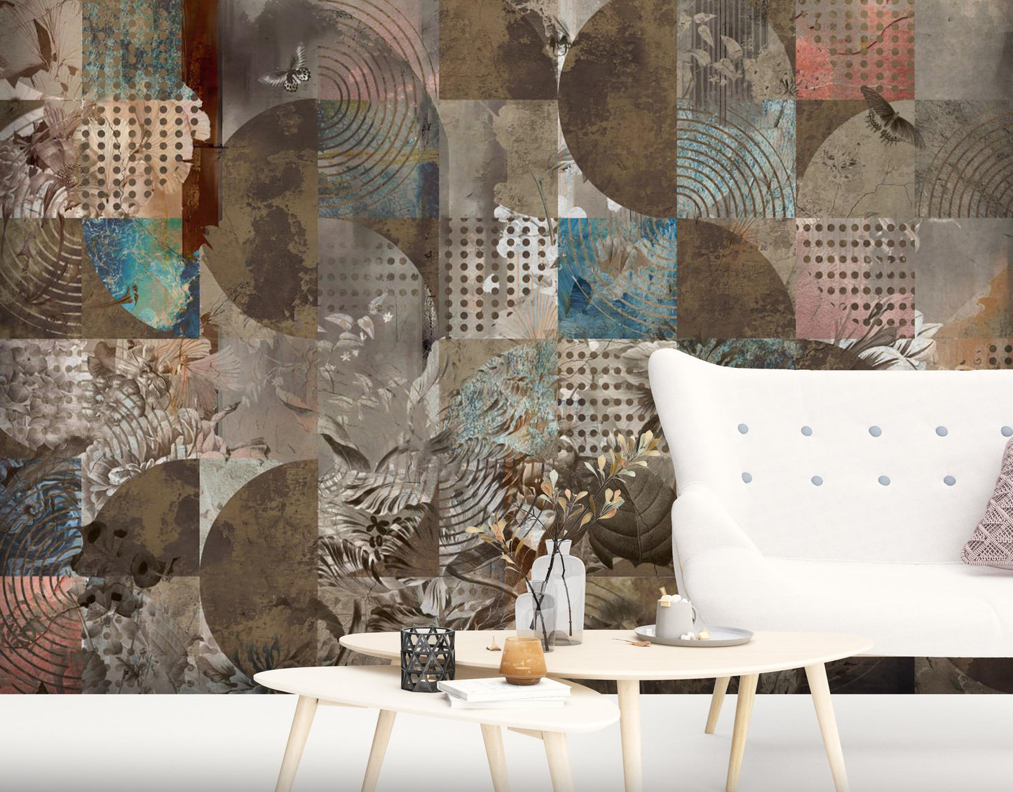 Vintage Abstract Geometric Floral Wall Mural - Peel and Stick Removable Fabric Wallpaper for Bedroom & Living Room