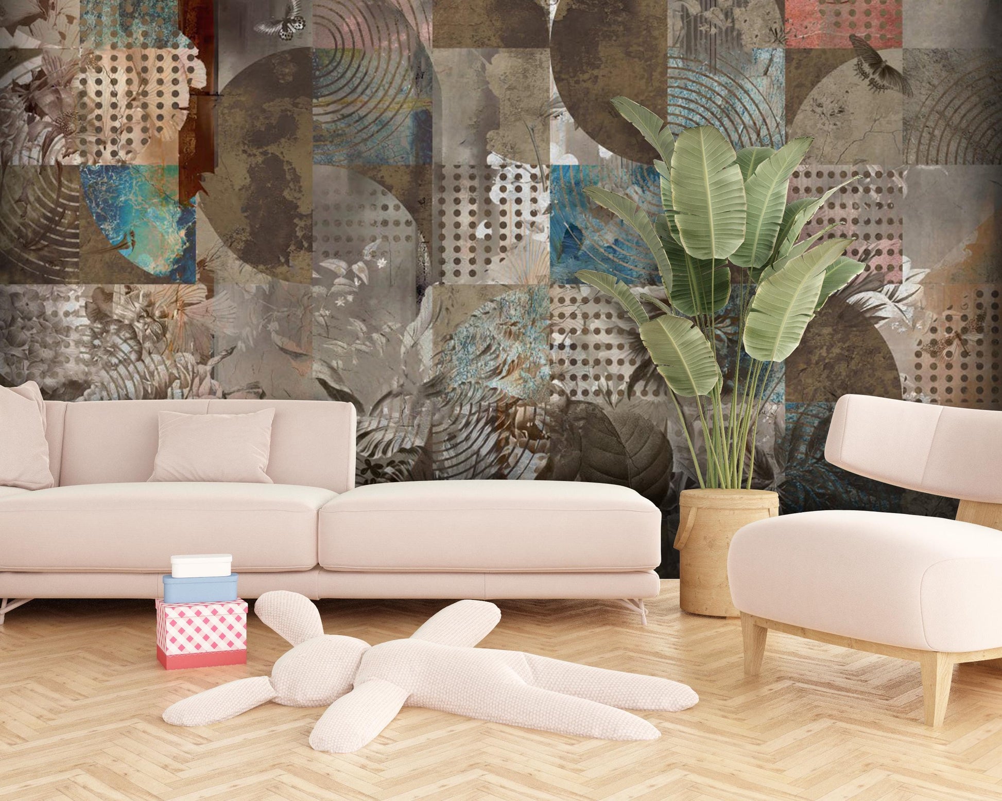 Vintage Abstract Geometric Floral Wall Mural - Peel and Stick Removable Fabric Wallpaper for Bedroom & Living Room