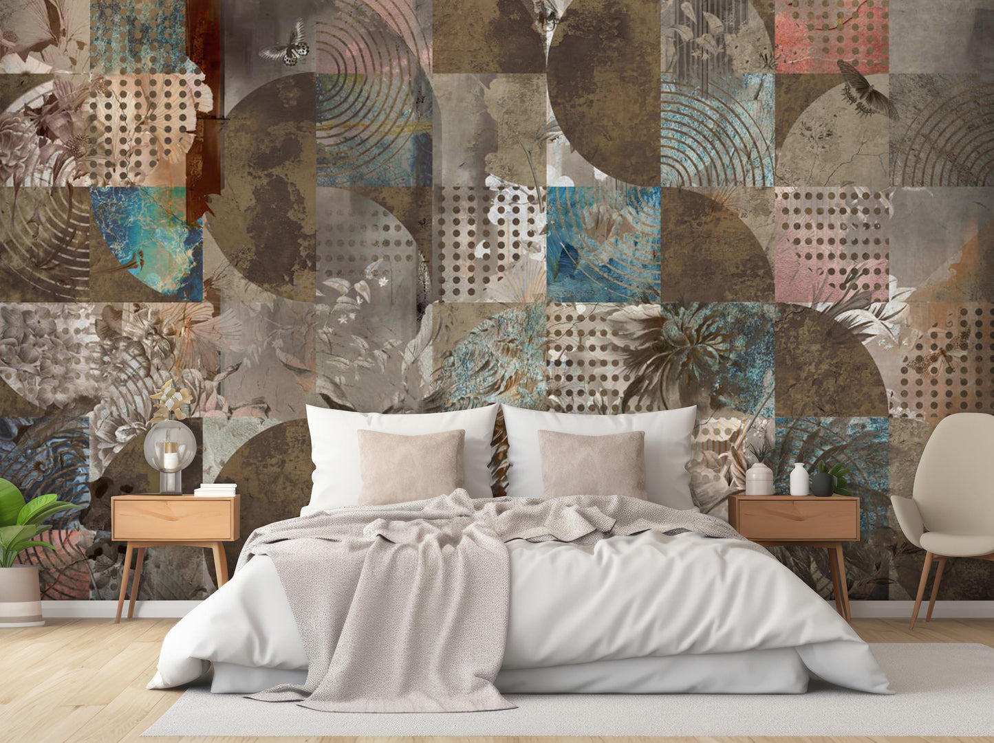 Vintage Abstract Geometric Floral Wall Mural - Peel and Stick Removable Fabric Wallpaper for Bedroom & Living Room