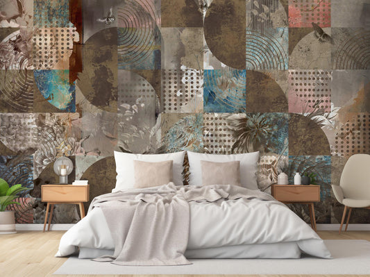Vintage Abstract Geometric Floral Wall Mural - Peel and Stick Removable Fabric Wallpaper for Bedroom & Living Room