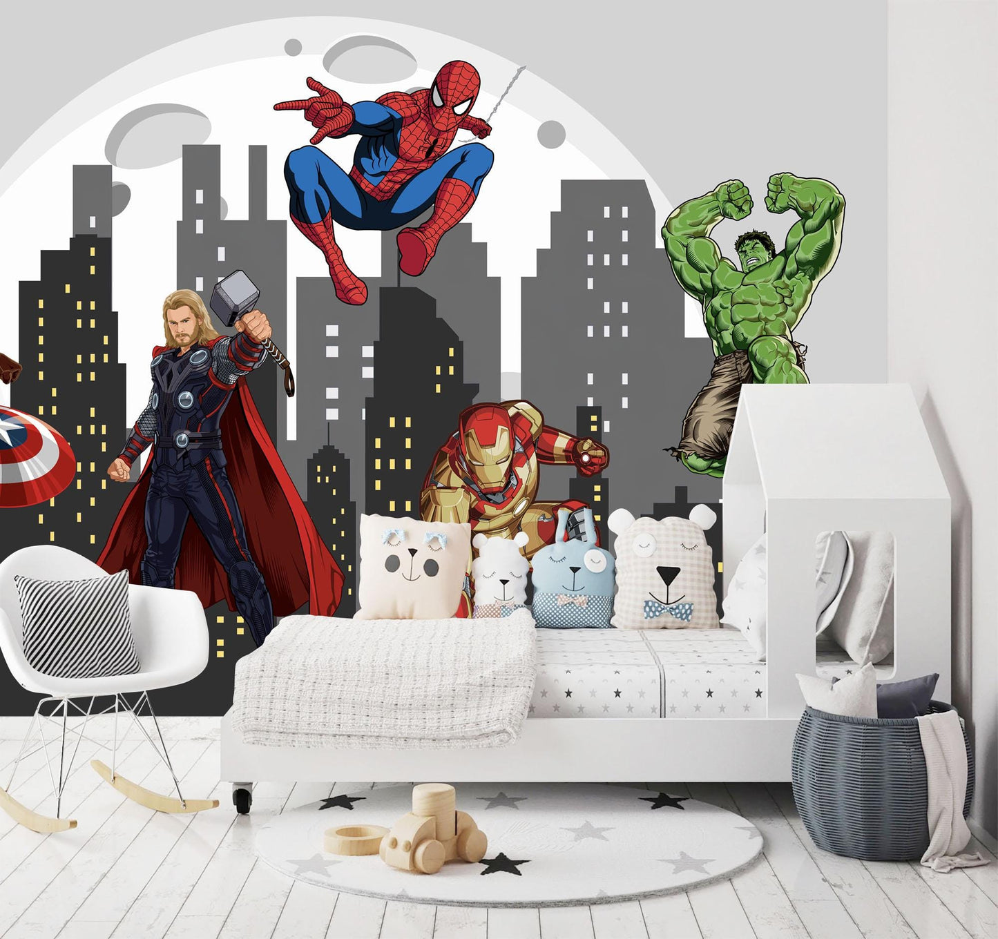 Avengers Superhero Wall Decal - Hulk Iron Man Thor Spider-Man Captain America - Boys Room City Skyline Mural - Removable Fabric