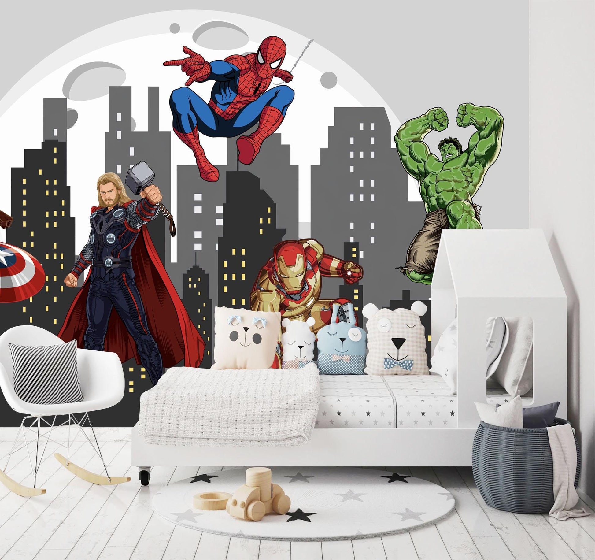 Avengers Superhero Wall Decal - Hulk Iron Man Thor Spider-Man Captain America - Boys Room City Skyline Mural - Removable Fabric