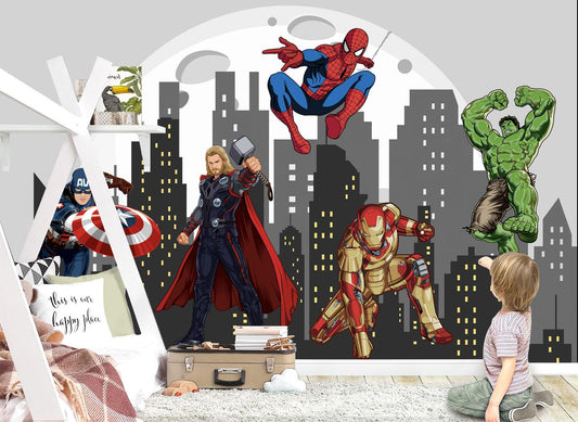 Avengers Superhero Wall Decal - Hulk Iron Man Thor Spider-Man Captain America - Boys Room City Skyline Mural - Removable Fabric