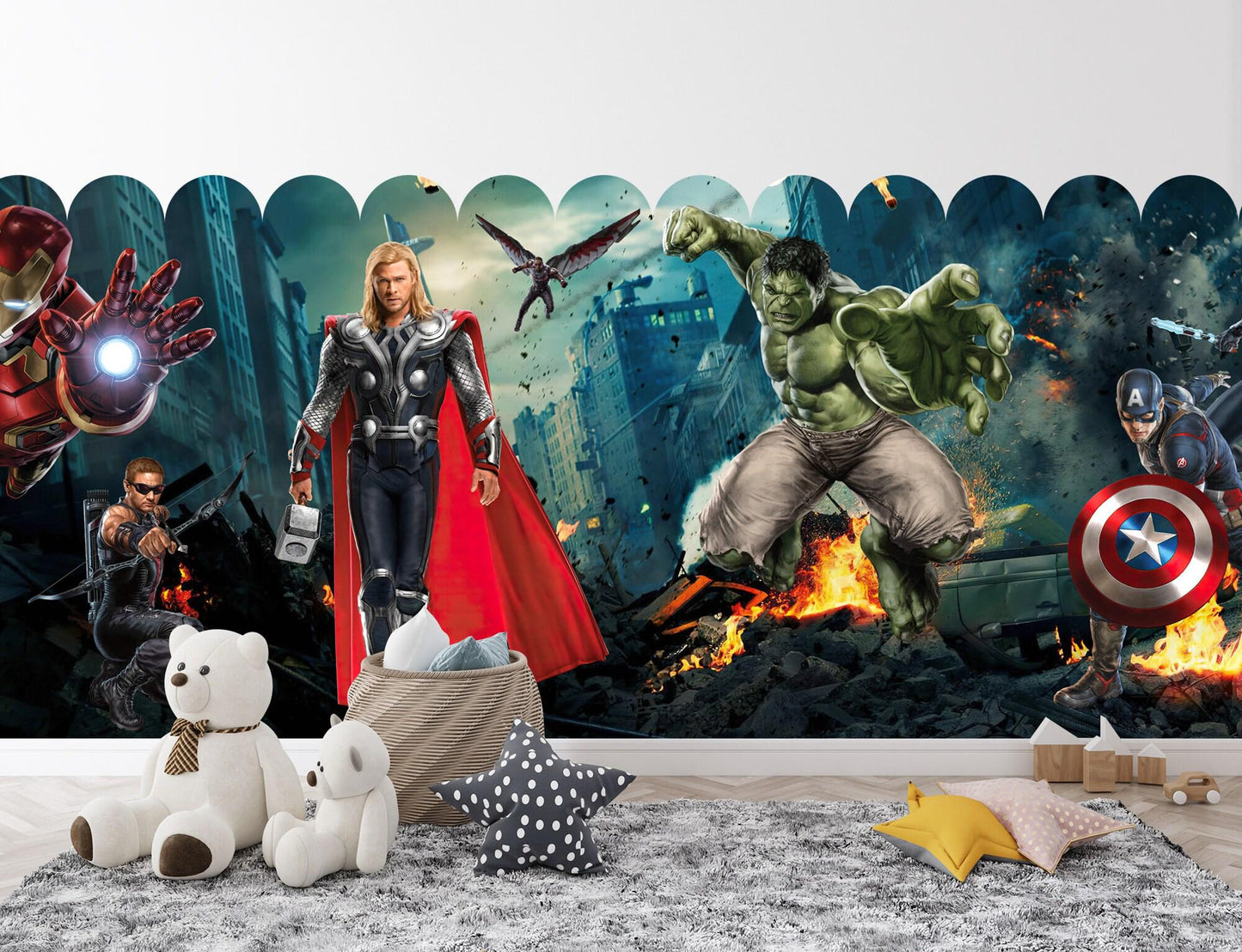 Avengers Scallop Mini Wallpaper – Removable Superhero Wall Mural for Kids Room, Marvel Heroes Wall Decor
