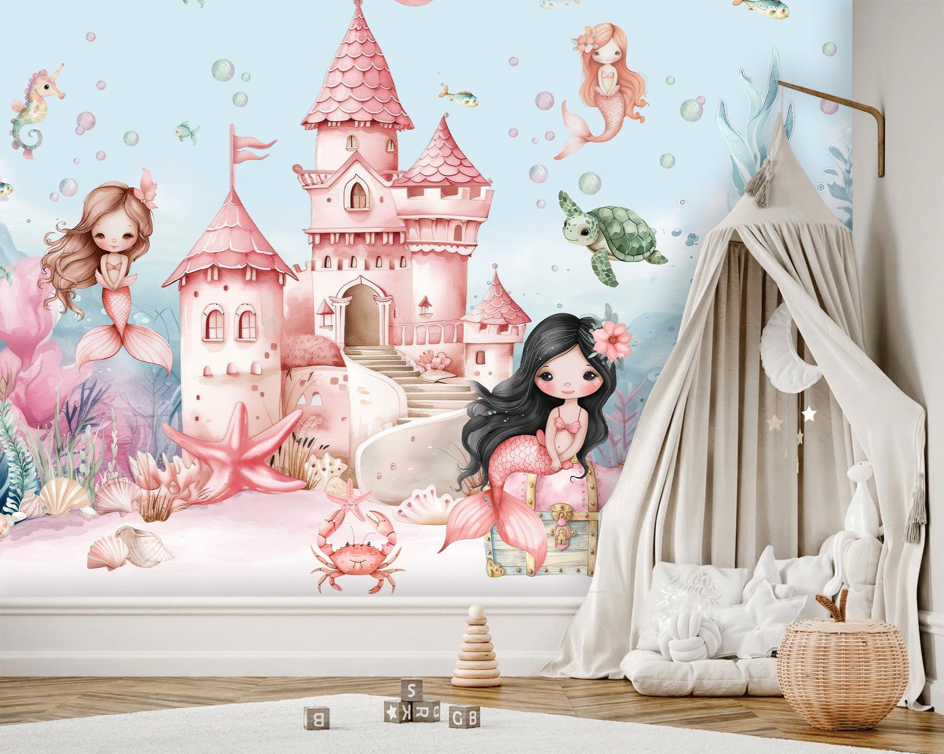 Personalized Mermaid Castle Wall Mural – Undersea Girls Room Wallpaper – Custom Name Decal – Pink Ocean Nursery Decor