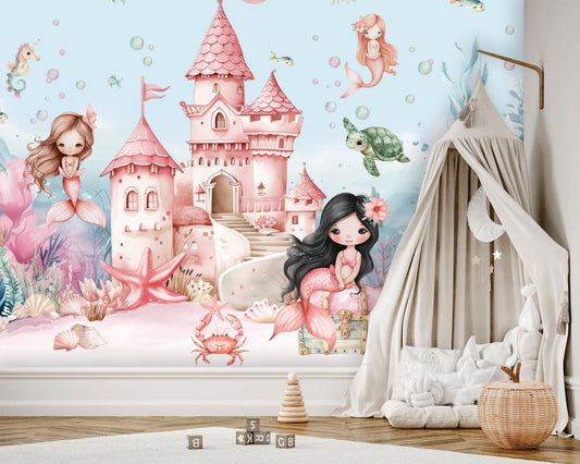Personalized Mermaid Castle Wall Mural – Undersea Girls Room Wallpaper – Custom Name Decal – Pink Ocean Nursery Decor