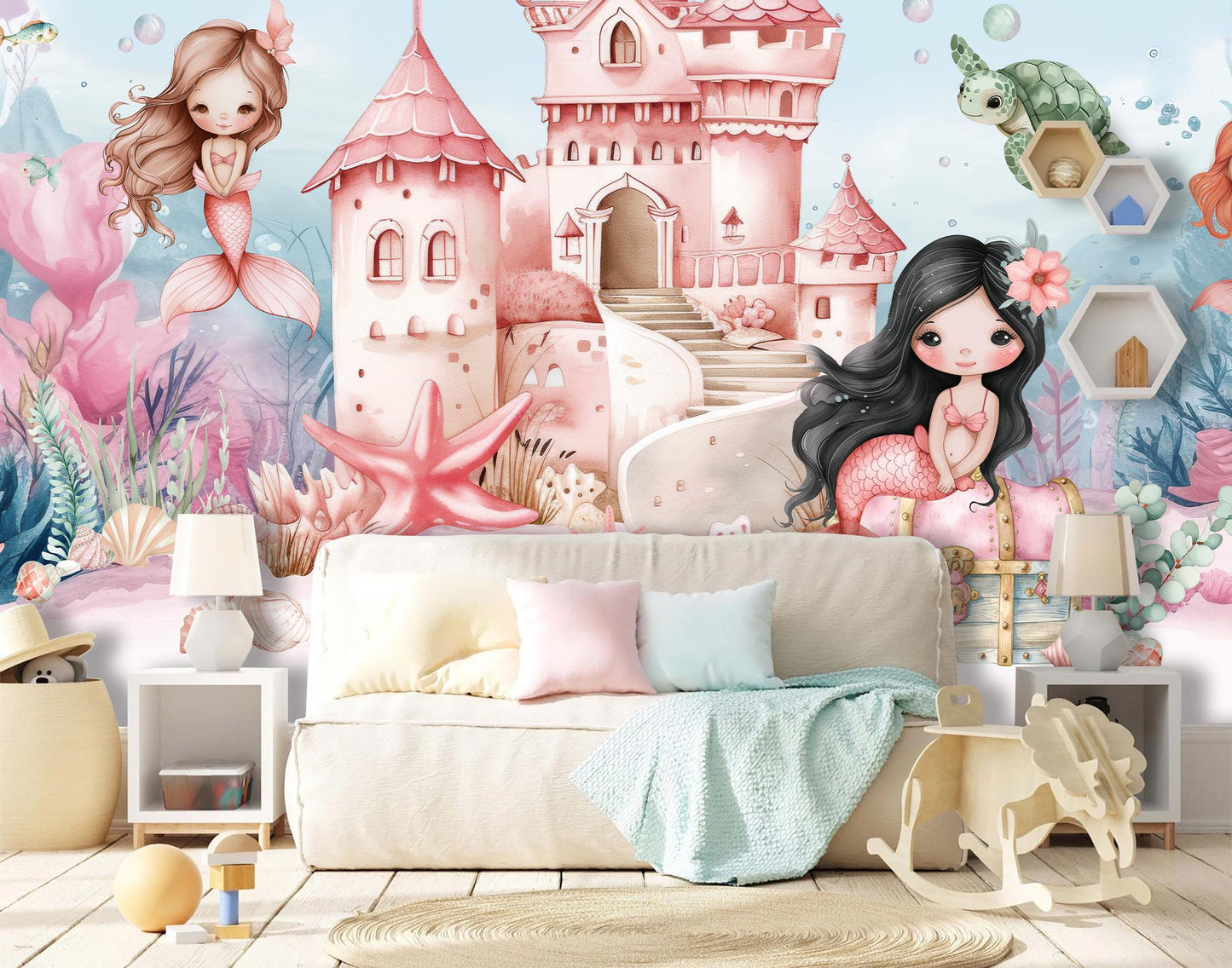 Personalized Mermaid Castle Wall Mural – Undersea Girls Room Wallpaper – Custom Name Decal – Pink Ocean Nursery Decor