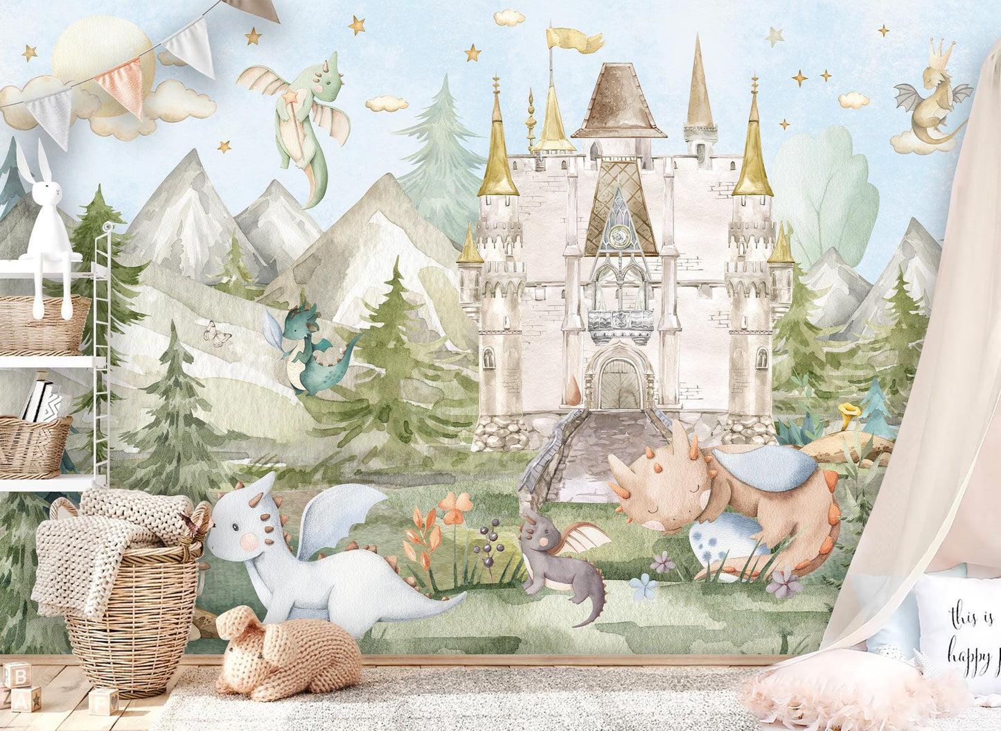 Fairy Tale Castle Wall Mural – Baby Dragon Nursery Wallpaper – Fantasy Kids Room Décor – Peel and Stick Fabric Mural