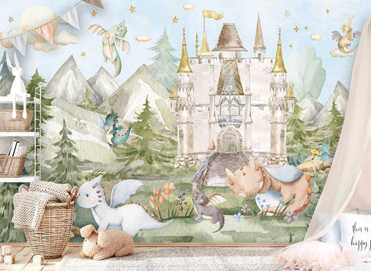 Fairy Tale Castle Wall Mural – Baby Dragon Nursery Wallpaper – Fantasy Kids Room Décor – Peel and Stick Fabric Mural