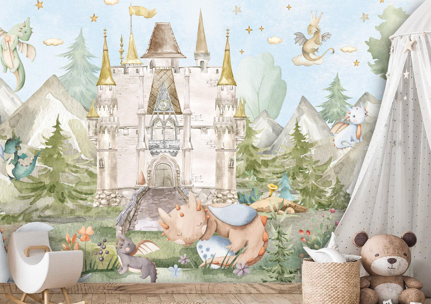 Fairy Tale Castle Wall Mural – Baby Dragon Nursery Wallpaper – Fantasy Kids Room Décor – Peel and Stick Fabric Mural