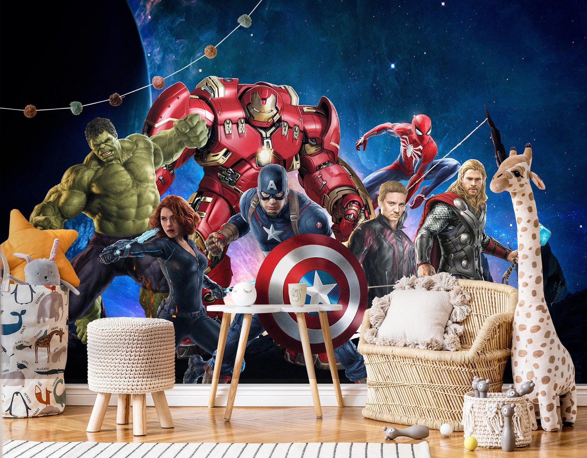 Avengers Galaxy Wall Mural – Superhero 3D Effect Boys Room Wallpaper – Hulk, Iron Man, Thor, Spiderman Decor