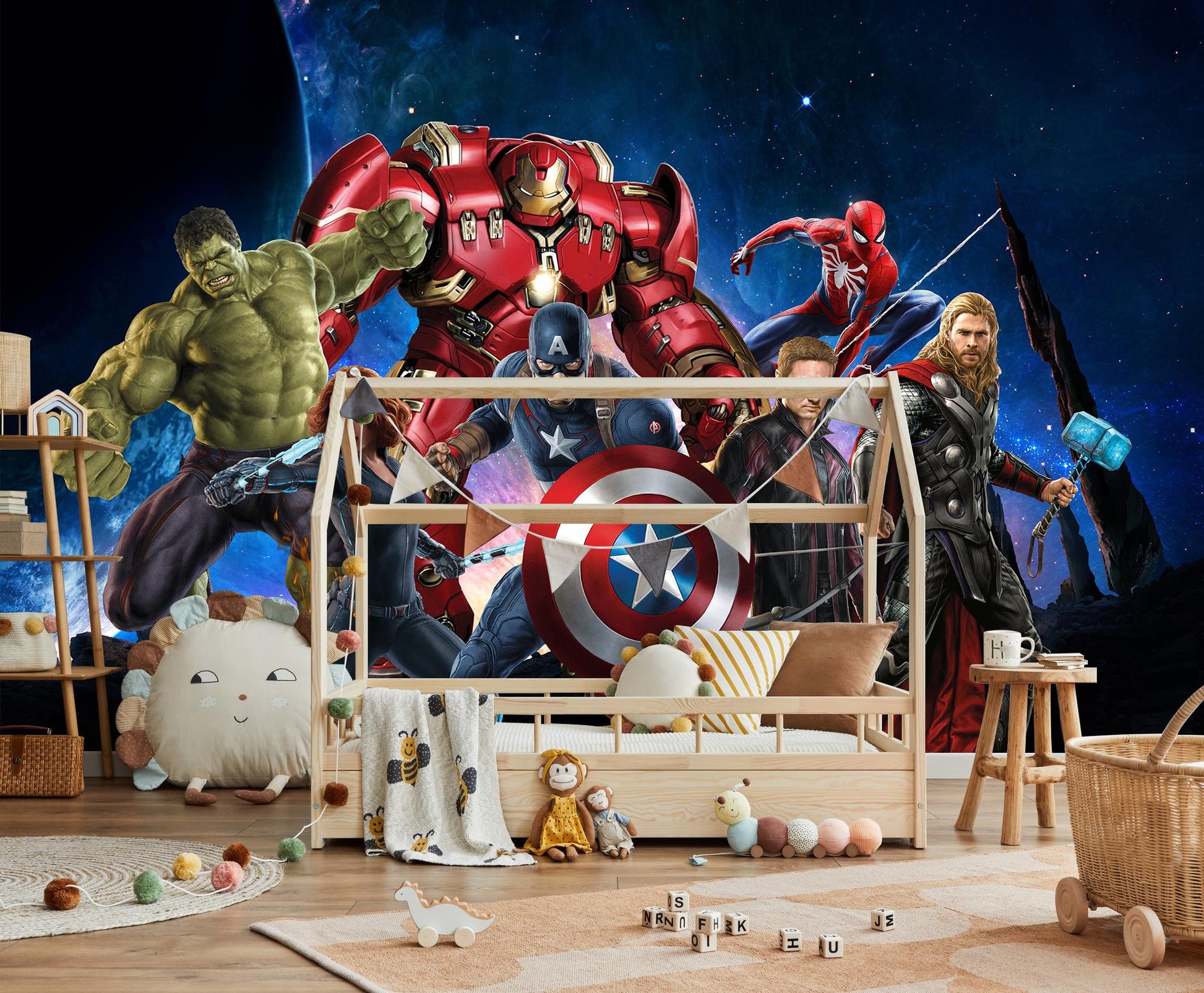 Avengers Galaxy Wall Mural – Superhero 3D Effect Boys Room Wallpaper – Hulk, Iron Man, Thor, Spiderman Decor