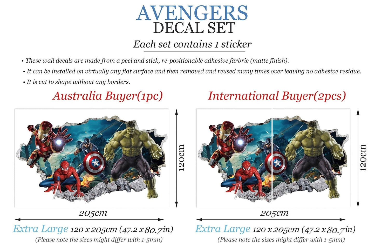 Avengers 3D Wall Decal Hulk Spiderman Iron Man Captain America Superheroes coming out 3D Smashed Wall Sticker