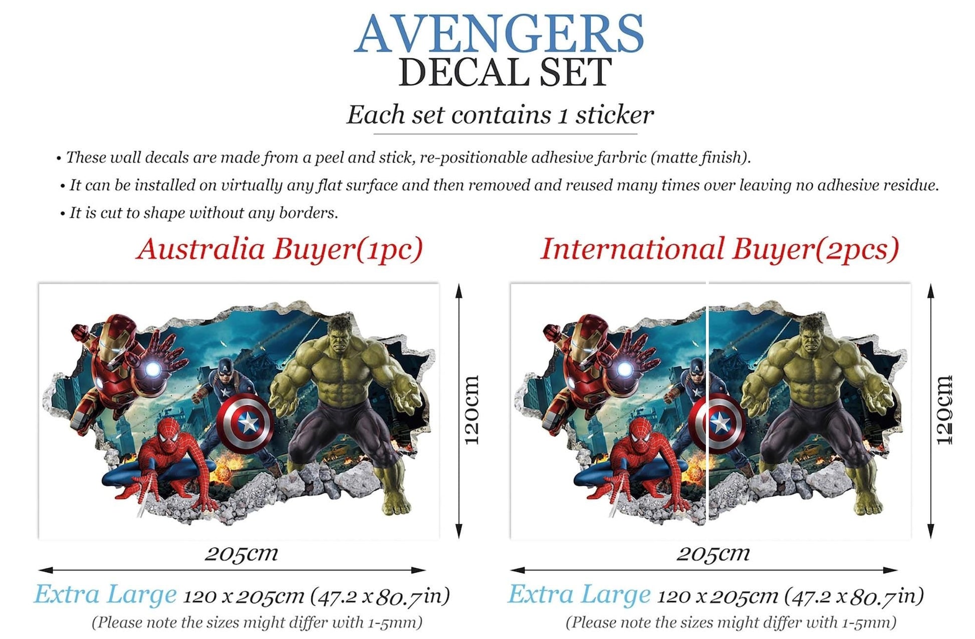 Avengers 3D Wall Decal Hulk Spiderman Iron Man Captain America Superheroes coming out 3D Smashed Wall Sticker