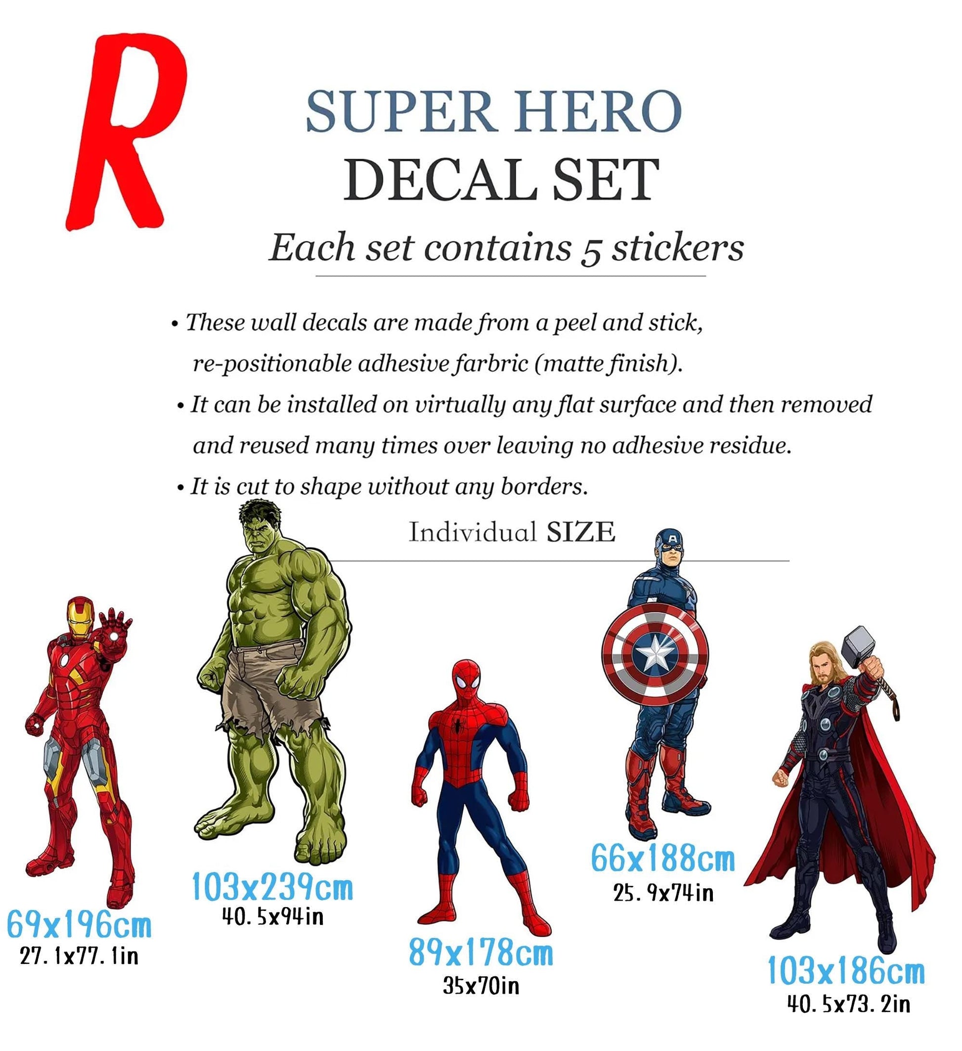 Standing Superhero Avengers Wall Decal - Spiderman Captain America Hulk Iron Man - Boy Bedroom Decor