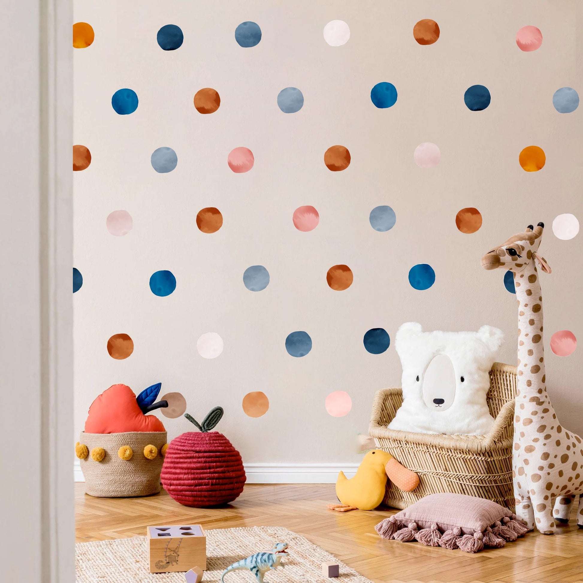 Watercolor Polka Dot Wall Decals – 24 PCS 8.3cm Dots, PVC-Free Fabric, Removable & Reusable, 18 Colour Options