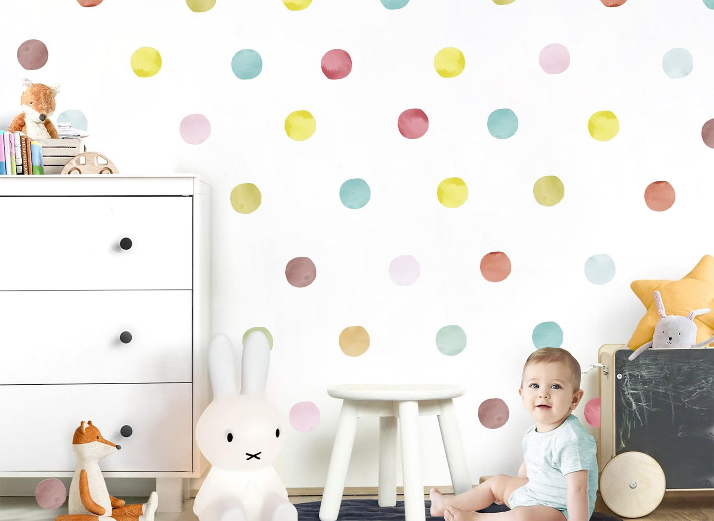 Watercolor Polka Dot Wall Decals – 24 PCS 8.3cm Dots, PVC-Free Fabric, Removable & Reusable, 18 Colour Options