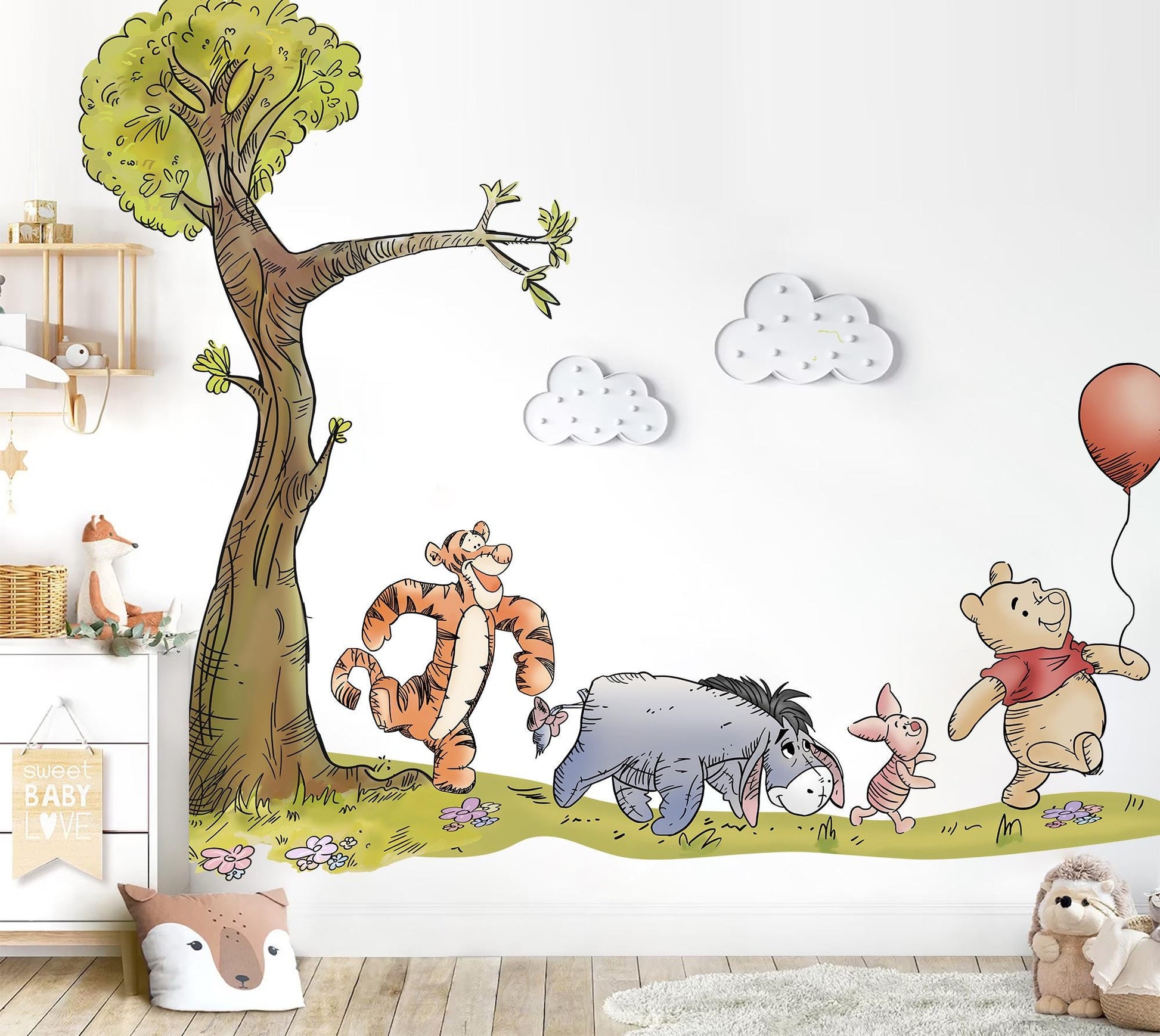 Winnie the Pooh Wall Decal – Tree & Friends Nursery Wall Sticker – Large Removable Fabric Mural for Kids Room