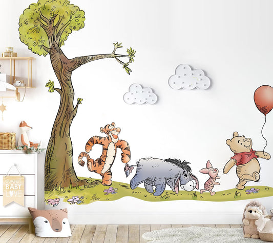 Winnie the Pooh Wall Decal – Tree & Friends Nursery Wall Sticker – Large Removable Fabric Mural for Kids Room