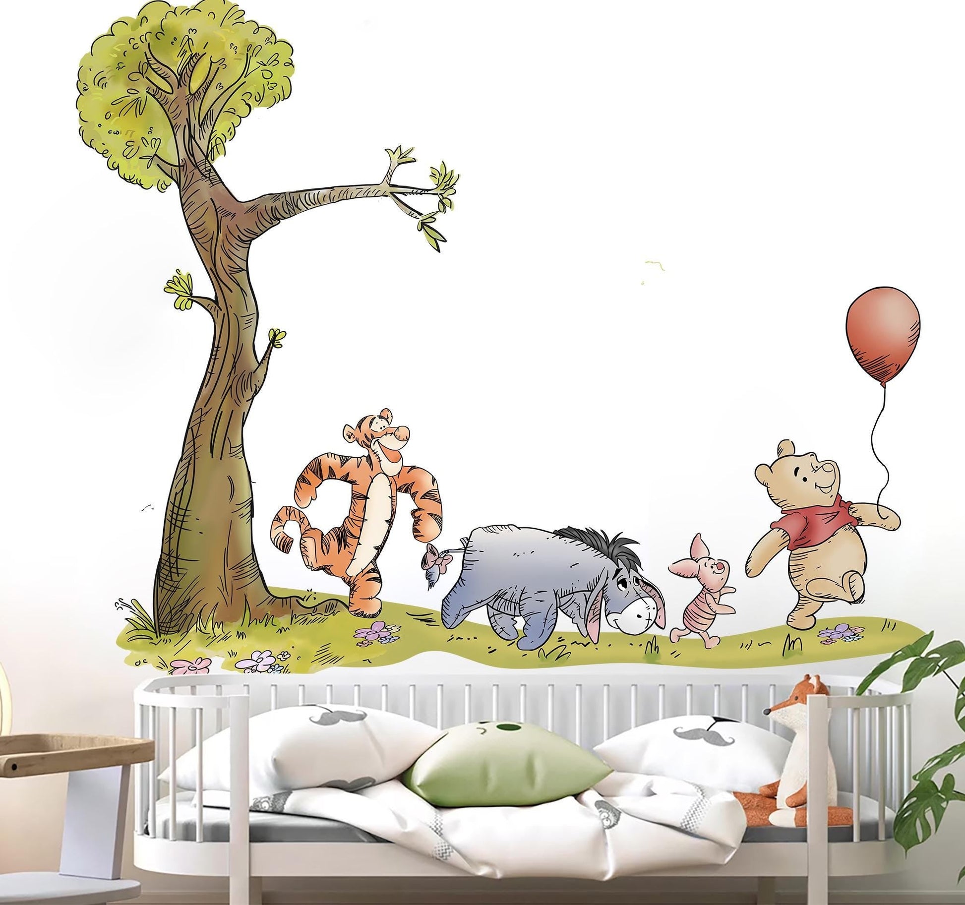 Winnie the Pooh Wall Decal – Tree & Friends Nursery Wall Sticker – Large Removable Fabric Mural for Kids Room