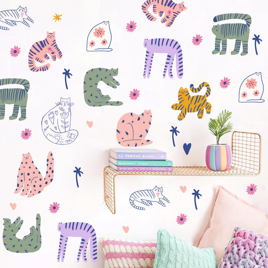 Watercolor Cat Wall Decals –Girl Nursery Decor, PVC-Free Fabric, Silver Backing, Fun Playful Animal Wall Decor for Nursery