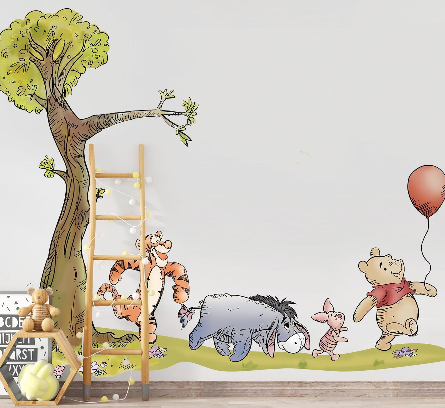 Winnie the Pooh Wall Decal – Tree & Friends Nursery Wall Sticker – Large Removable Fabric Mural for Kids Room