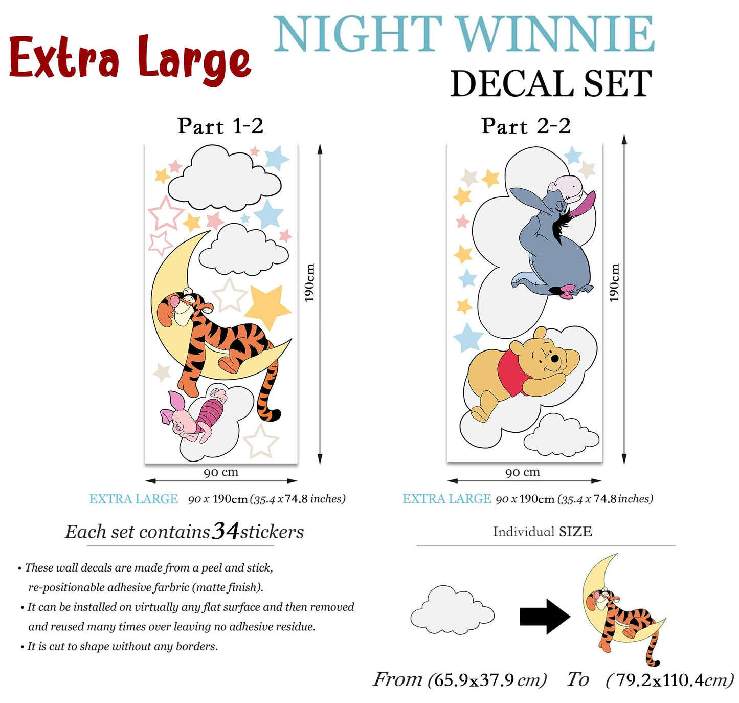 Night Winnie Wall Decals – Sleeping Pooh Tigger Piglet Eeyore Nursery Stickers – Removable Fabric Baby Room Decor