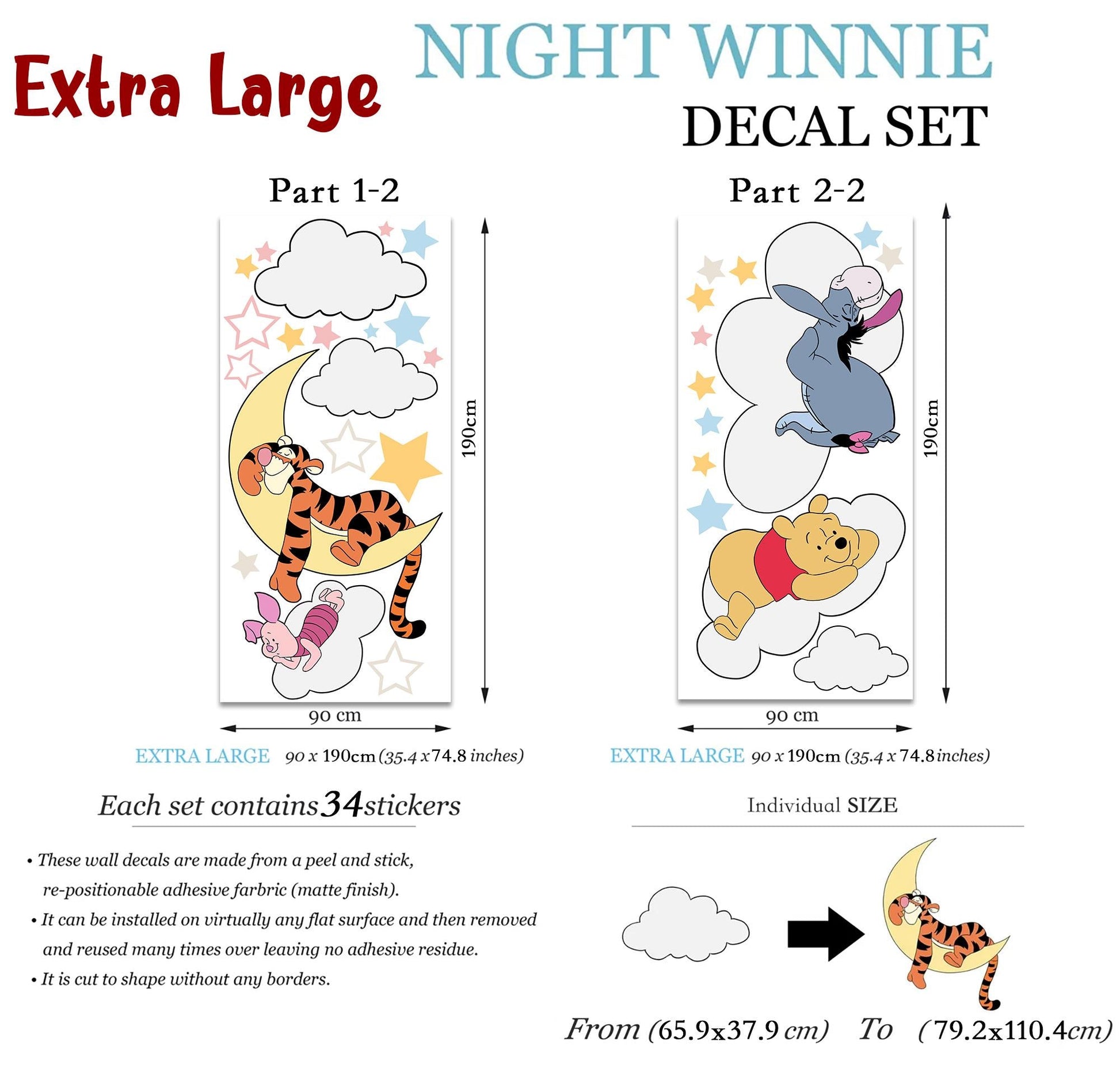 Night Winnie Wall Decals – Sleeping Pooh Tigger Piglet Eeyore Nursery Stickers – Removable Fabric Baby Room Decor