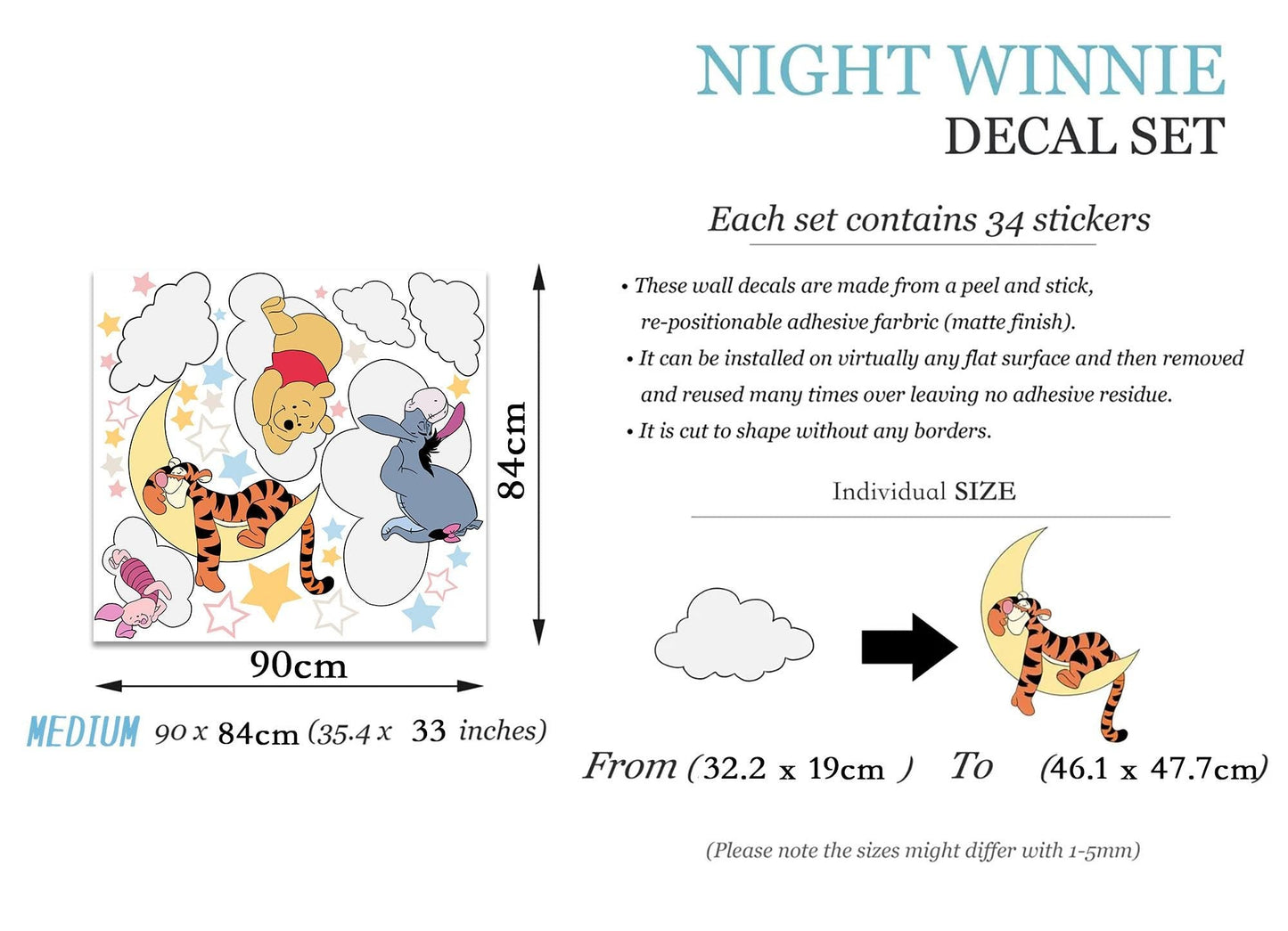 Night Winnie Wall Decals – Sleeping Pooh Tigger Piglet Eeyore Nursery Stickers – Removable Fabric Baby Room Decor