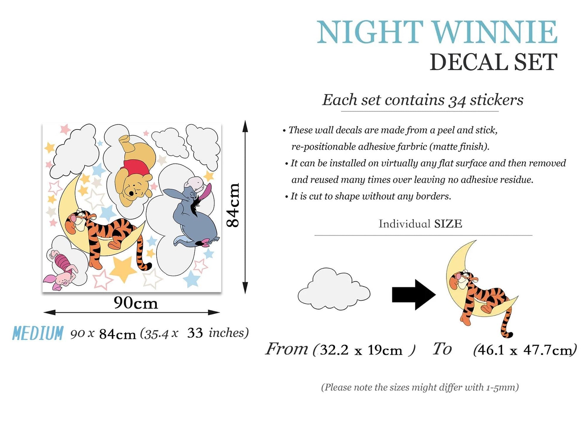Night Winnie Wall Decals – Sleeping Pooh Tigger Piglet Eeyore Nursery Stickers – Removable Fabric Baby Room Decor
