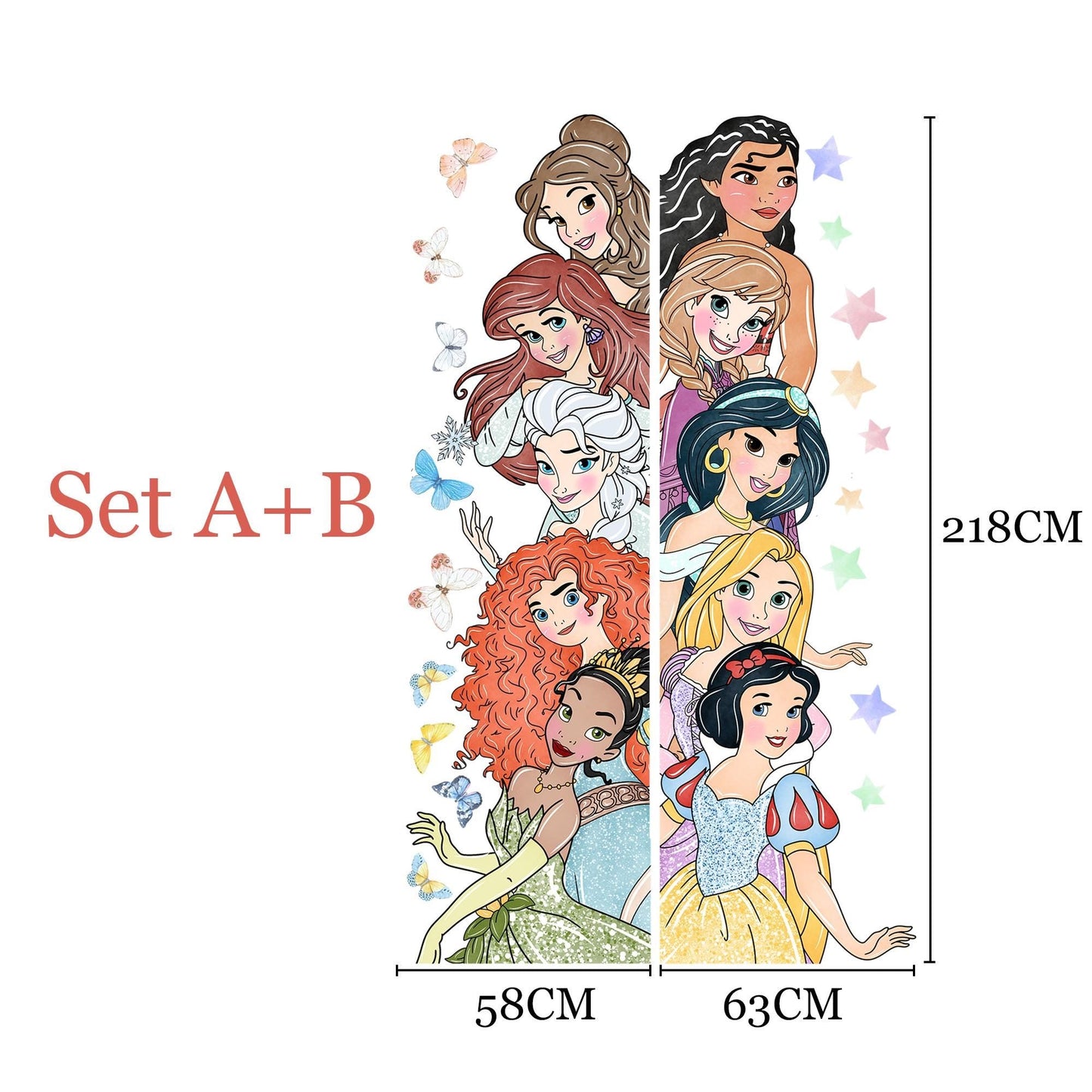 Princess Wall Decal for Girls Room – Cartoon Door Height Sticker | Peel and Stick Fabric Mural | 2 Sets Available