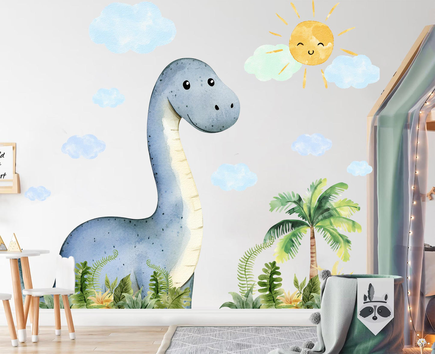 Blue Dinosaur Wall Decal for Kids Room – Watercolor Jungle Animal Mural | Large & XL Sizes | Removable Fabric Stickers