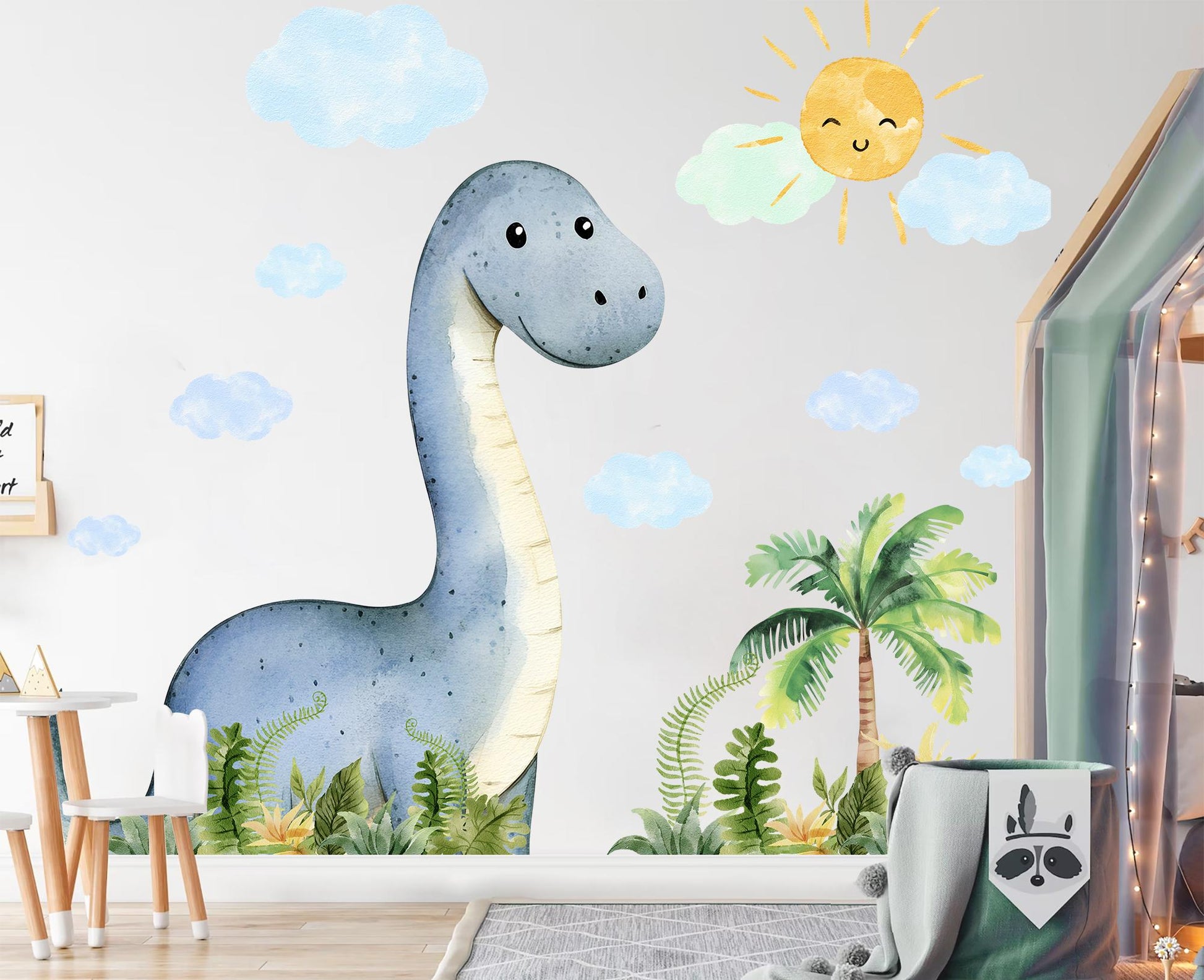 Blue Dinosaur Wall Decal for Kids Room – Watercolor Jungle Animal Mural | Large & XL Sizes | Removable Fabric Stickers