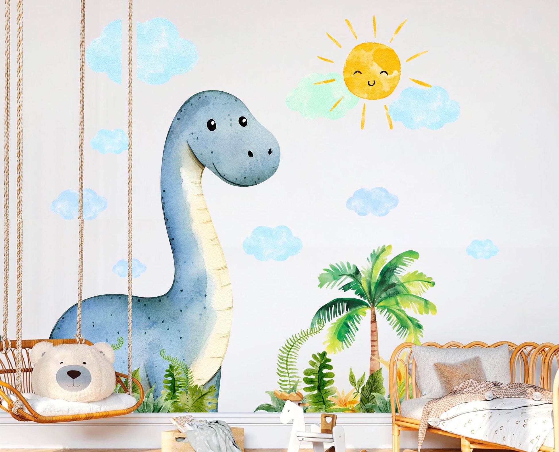 Blue Dinosaur Wall Decal for Kids Room – Watercolor Jungle Animal Mural | Large & XL Sizes | Removable Fabric Stickers