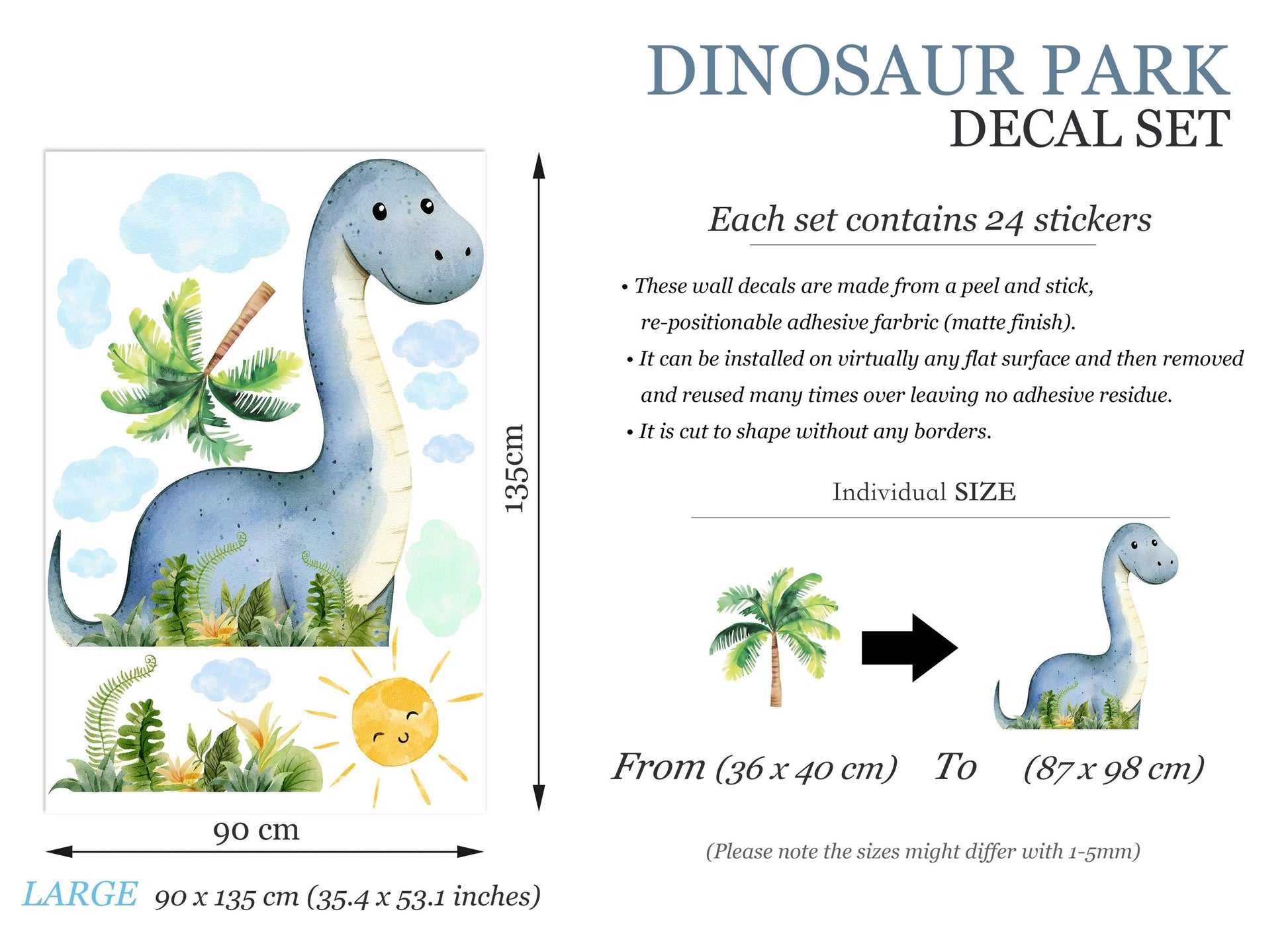 Blue Dinosaur Wall Decal for Kids Room – Watercolor Jungle Animal Mural | Large & XL Sizes | Removable Fabric Stickers
