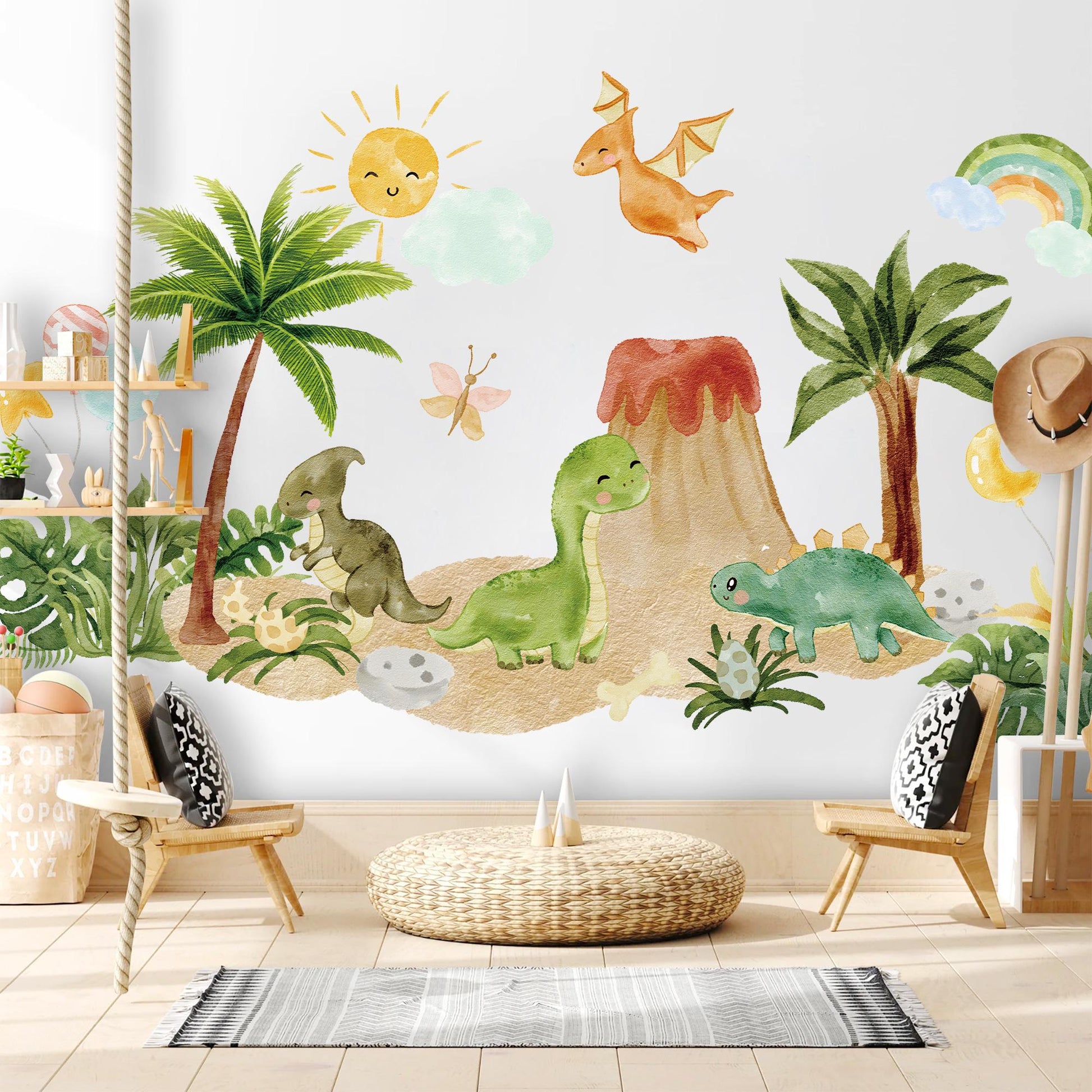 Dinosaur Wall Decals for Kids Room | Jungle Volcano Dino Fabric Stickers | Large Removable Nursery Wall Decor Set